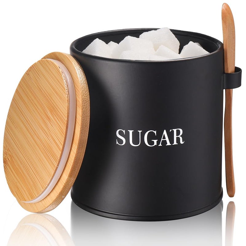 AISBUGUR Sugar Bowl with Lid and Spoon: 17oz Metal Sugar Container - Airtight Food Sugar Jar - Coffee Bar Accessories - Countertop Kitchen Decor (Black) - Image 1