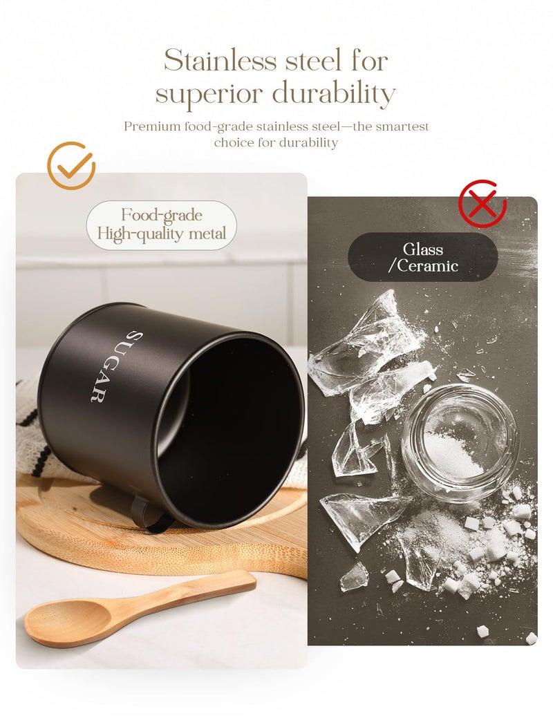 AISBUGUR Sugar Bowl with Lid and Spoon: 17oz Metal Sugar Container - Airtight Food Sugar Jar - Coffee Bar Accessories - Countertop Kitchen Decor (Black) - Image 3