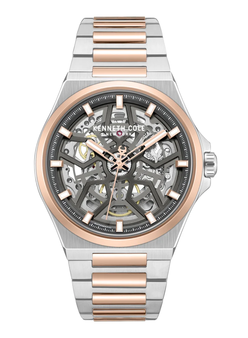 Verrazzano Silver Rose Gold Stainless Steel Bracelet Automatic Watch for Men, 43.5mm