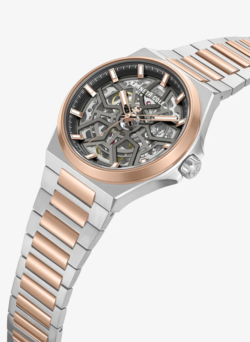 Kenneth Cole New York Verrazzano Silver Rose Gold Stainless Steel Bracelet Automatic Watch for Men, 43.5mm