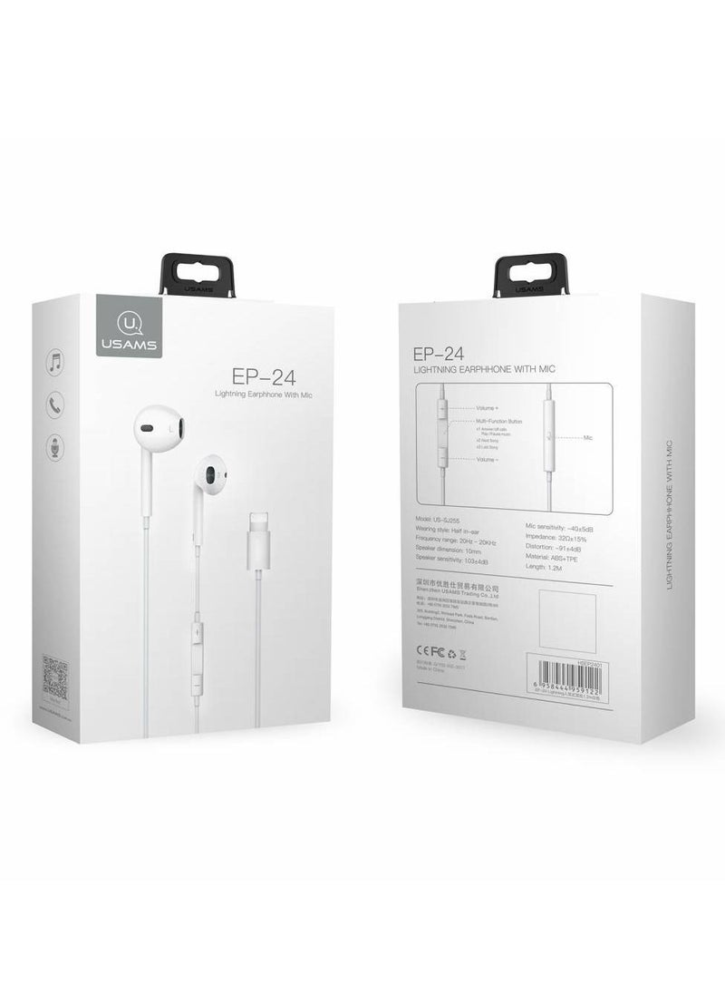 Usams - iPhone Lightning Earphones with Volume Control And Mic White - Image 1