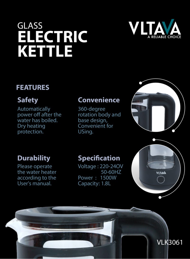Vltava Glass Electric Kettle, 1.8L, 1500W with Auto Shutoff & Double Safety Protection, Stainless Steel Body, 360° Rotating Base, Dry Heating Protection VLK3061 - Image 3