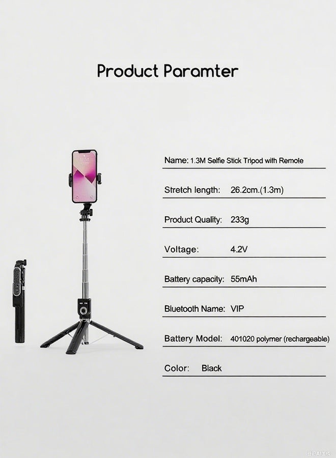 Selfie Stick Tripod, Extendable 1.3m Foldable Stand with 360° Rotation & Bluetooth Wireless Remote, Lightweight Travel Tripod for iOS / Android Smartphones Black