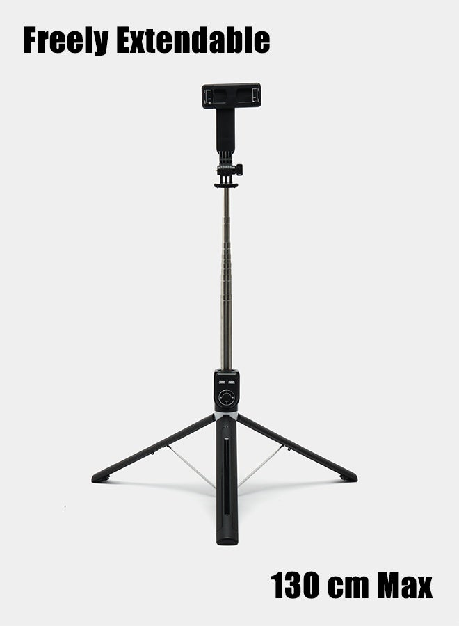 Selfie Stick Tripod, Extendable 1.3m Foldable Stand with 360° Rotation & Bluetooth Wireless Remote, Lightweight Travel Tripod for iOS / Android Smartphones Black