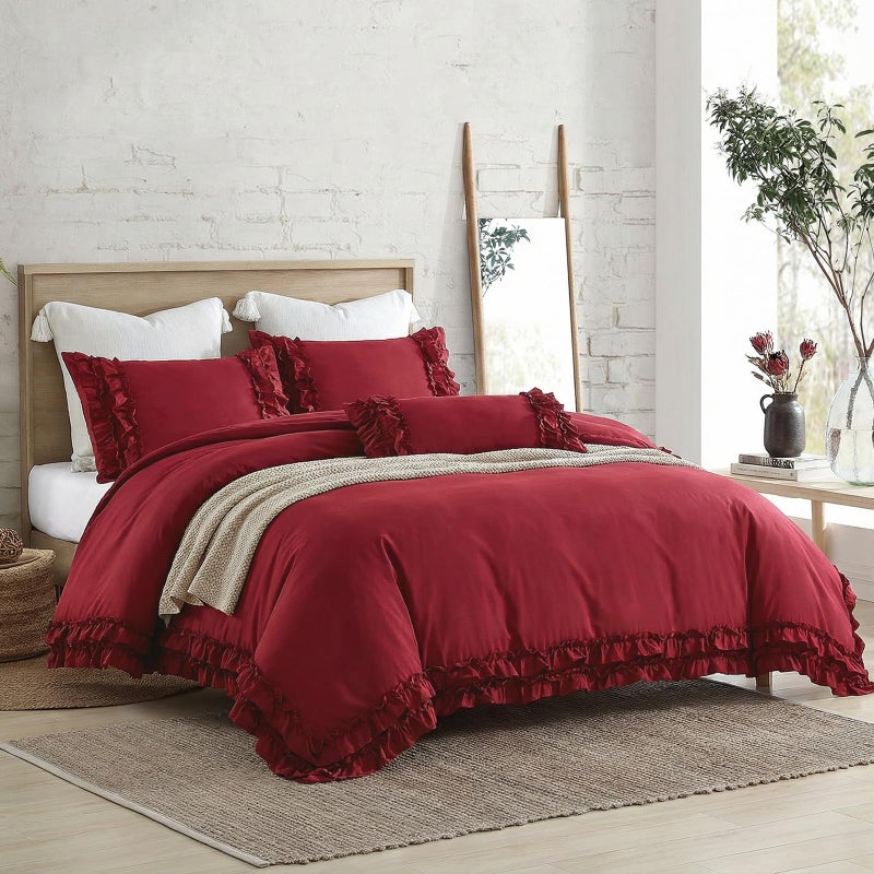 Bedorm Burgundy Duvet Cover Queen Size Ruffled Bedding Set Vintage Lace Ruffle Elegant Bedroom Decor Shabby Chic Farmhouse Style Boho Chic Duvet Cover Set for All Season - Image 2