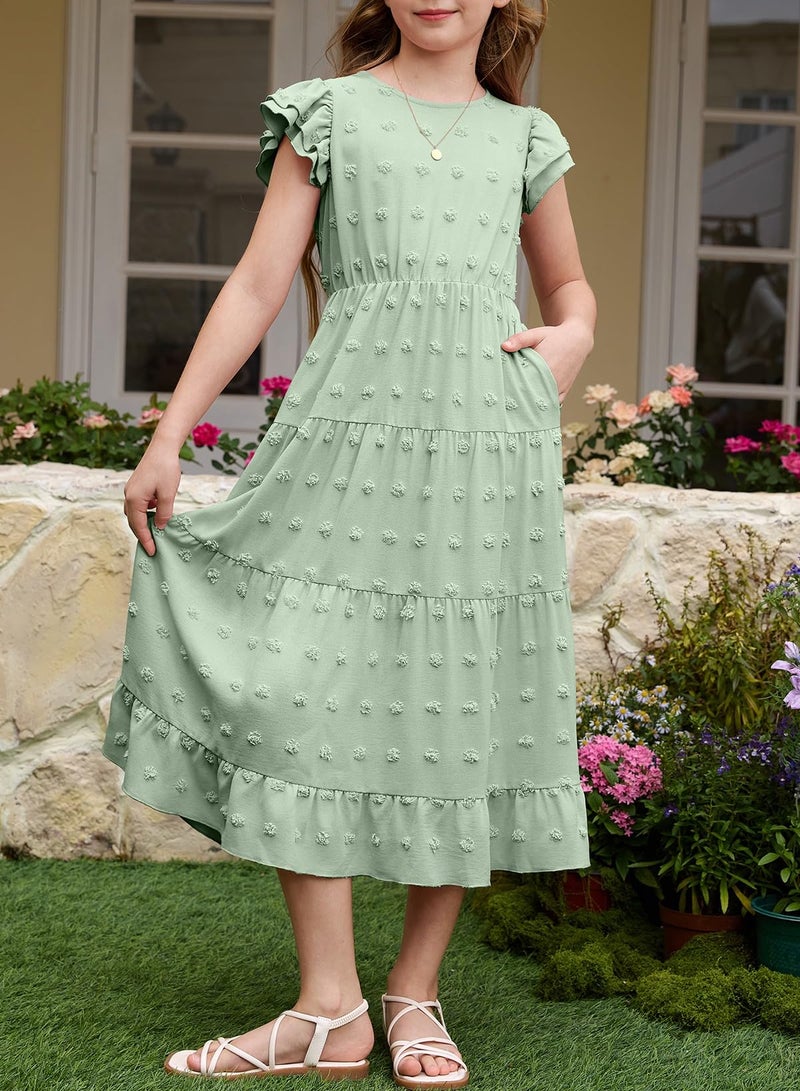 blibean Teen Girls Summer Dresses Tween Flower Girl Dress Big Kids Formal Wedding Sundress Boho Polka Dots Vestidos para NiÃ±as Easter Maxi Clothes Size 8-9 Years Sage Green - Image 5