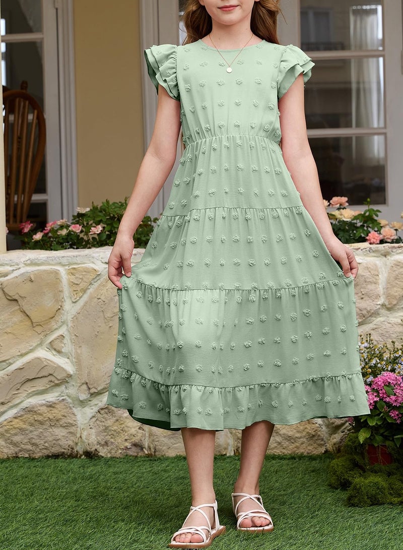 blibean Teen Girls Summer Dresses Tween Flower Girl Dress Big Kids Formal Wedding Sundress Boho Polka Dots Vestidos para NiÃ±as Easter Maxi Clothes Size 8-9 Years Sage Green - Image 2