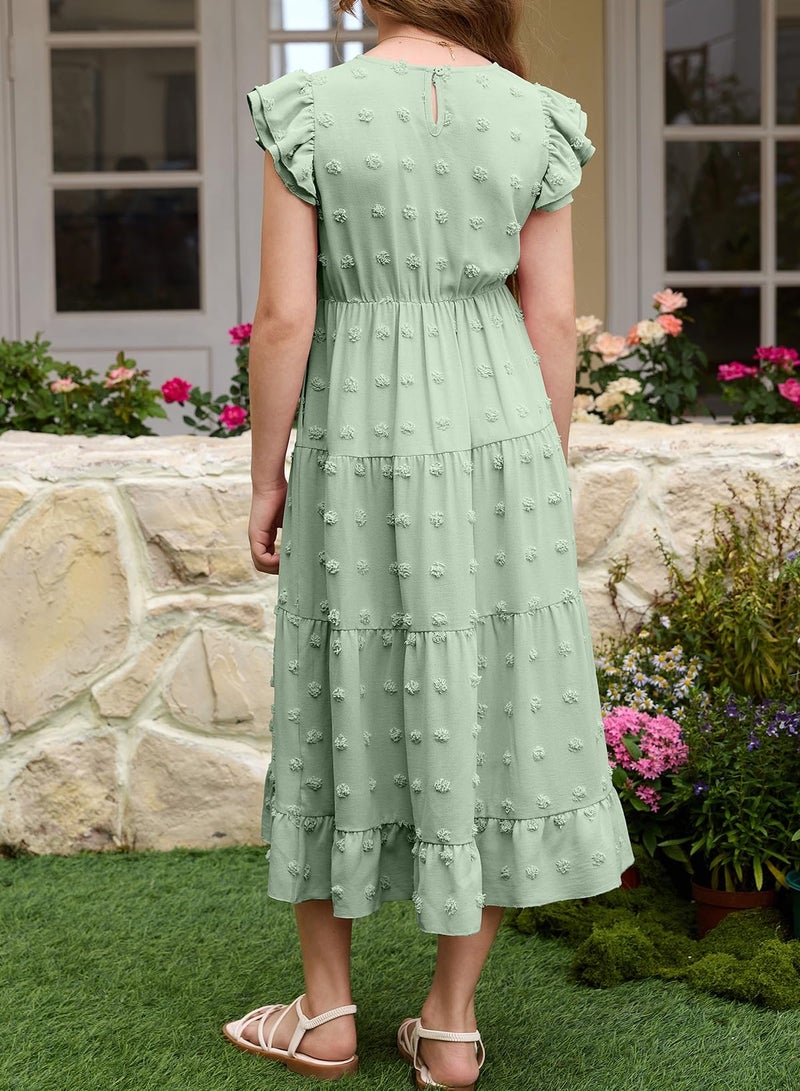 blibean Teen Girls Summer Dresses Tween Flower Girl Dress Big Kids Formal Wedding Sundress Boho Polka Dots Vestidos para NiÃ±as Easter Maxi Clothes Size 8-9 Years Sage Green - Image 3