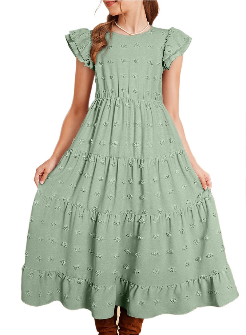 blibean Teen Girls Summer Dresses Tween Flower Girl Dress Big Kids Formal Wedding Sundress Boho Polka Dots Vestidos para NiÃ±as Easter Maxi Clothes Size 8-9 Years Sage Green - Image 1
