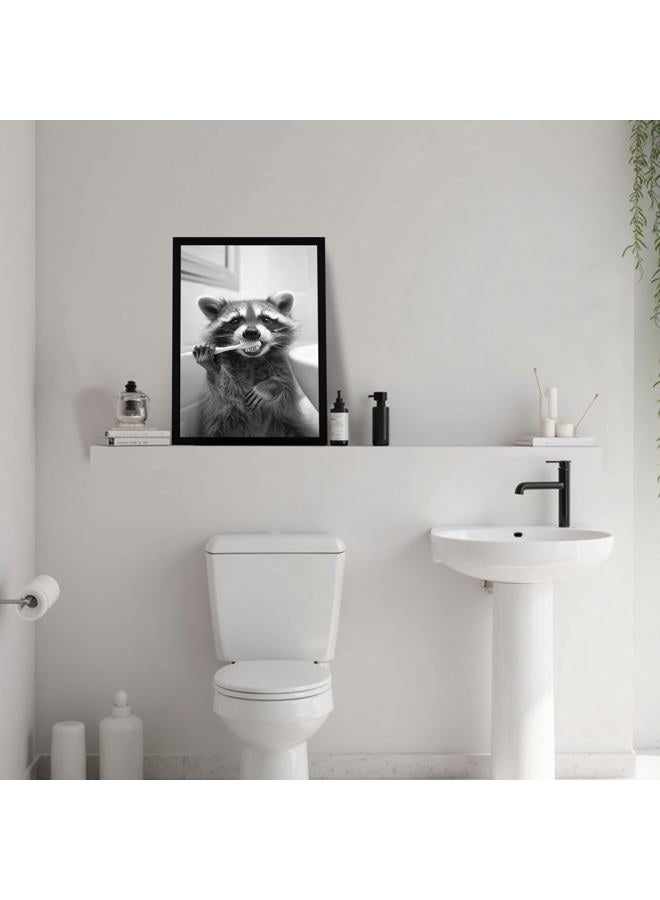 FYLDPSB Raccoon Framed Canvas Wall Art Funny Animals Bathroom Wall Decor Raccoon Brushing Teeth Painting Pictures Black and White Animal Print Posters, home decor for Bathroom, 8" W * 10" H - Image 5