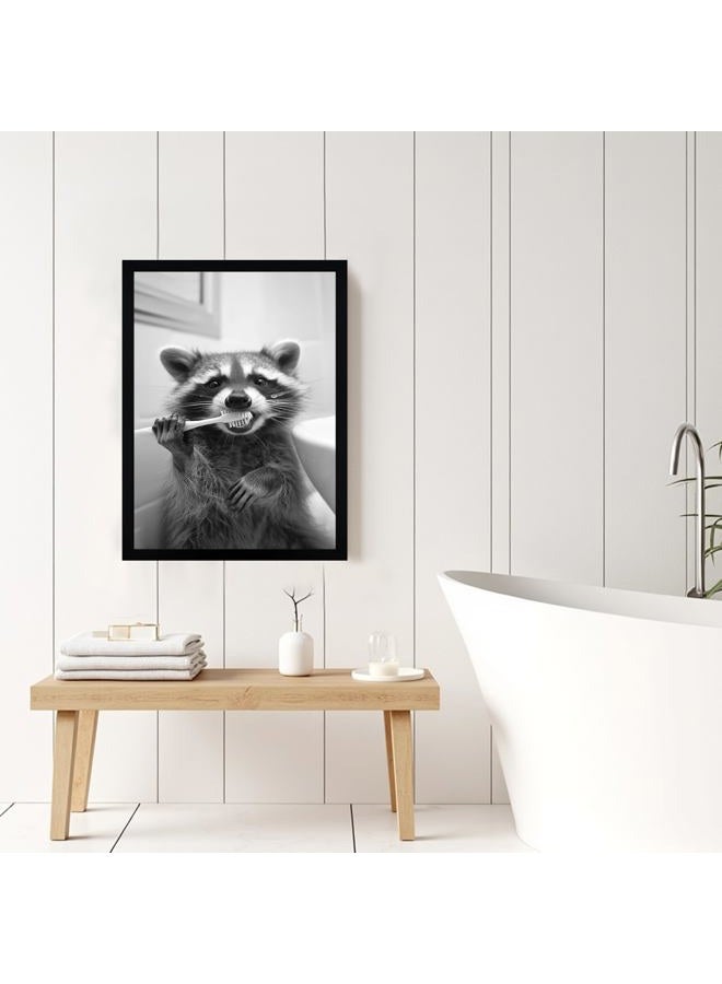 FYLDPSB Raccoon Framed Canvas Wall Art Funny Animals Bathroom Wall Decor Raccoon Brushing Teeth Painting Pictures Black and White Animal Print Posters, home decor for Bathroom, 8" W * 10" H - Image 4