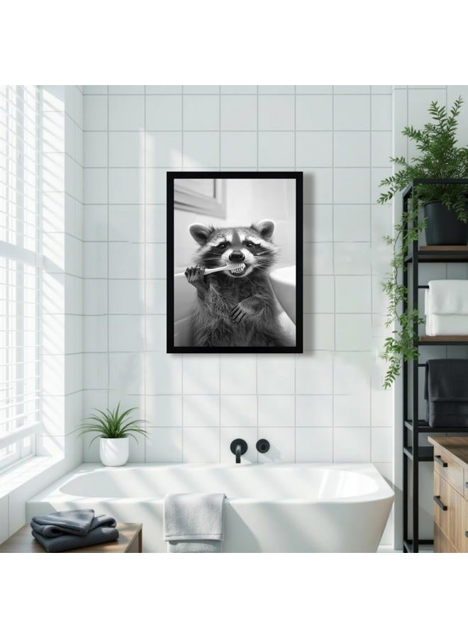 FYLDPSB Raccoon Framed Canvas Wall Art Funny Animals Bathroom Wall Decor Raccoon Brushing Teeth Painting Pictures Black and White Animal Print Posters, home decor for Bathroom, 8" W * 10" H - Image 2