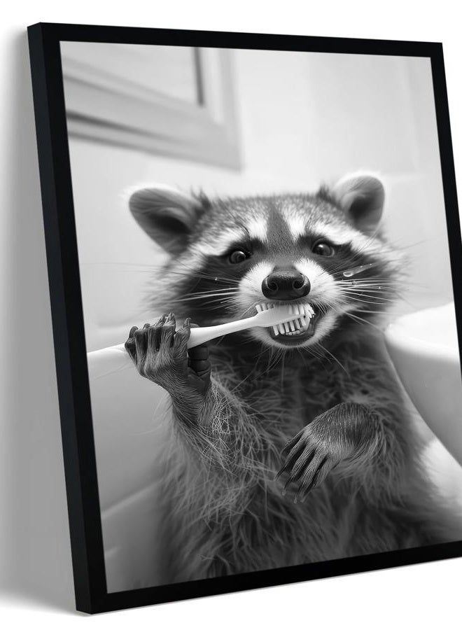 FYLDPSB Raccoon Framed Canvas Wall Art Funny Animals Bathroom Wall Decor Raccoon Brushing Teeth Painting Pictures Black and White Animal Print Posters, home decor for Bathroom, 8" W * 10" H - Image 1