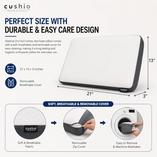 CUSHIO Memory Foam Pillow for Neck Pain and Shoulder Pain, Cervical Orthopedic Pillow 21x13x3 Inch, Ergonomic Memory Foam Neck Support Pillow, Ortho Pillow for Sleeping (Set of 2) White & Grey - Image 3
