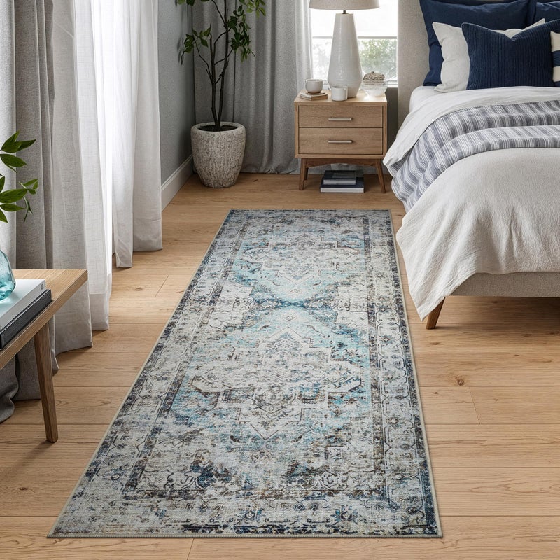 Bloom Rugs Washable Non-Slip 10 ft Runner - Beige/Blue Traditional Runner for Entryway, Hallway, Bathroom, and Kitchen - Exact Size: 2.5' x 10' - Image 3