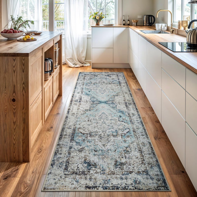 Bloom Rugs Washable Non-Slip 10 ft Runner - Beige/Blue Traditional Runner for Entryway, Hallway, Bathroom, and Kitchen - Exact Size: 2.5' x 10' - Image 1