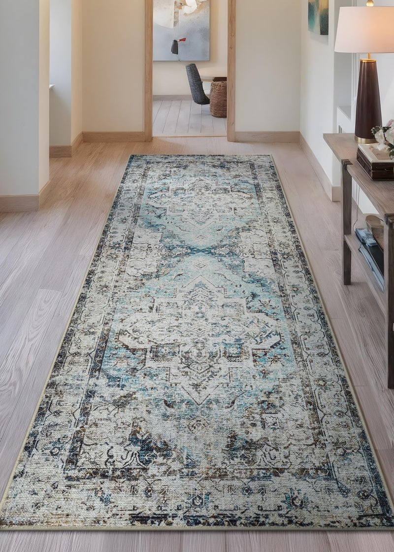 Bloom Rugs Washable Non-Slip 10 ft Runner - Beige/Blue Traditional Runner for Entryway, Hallway, Bathroom, and Kitchen - Exact Size: 2.5' x 10' - Image 2