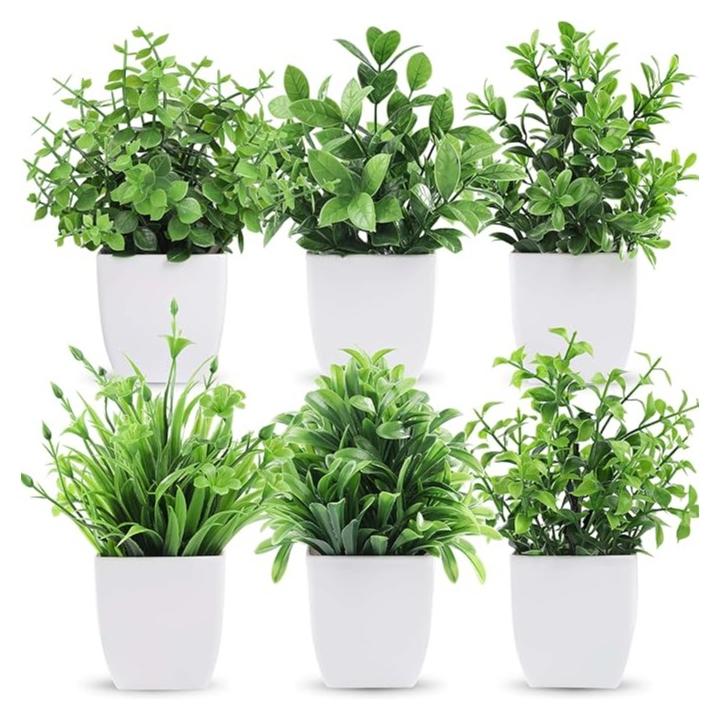مجموعة 6 نباتات صناعية صغيرة 12 سم نباتات صناعية للأماكن الخارجية وديكور المنزل الريفي والحمام ورف متعدد الأشكال. أبيض - Image 1