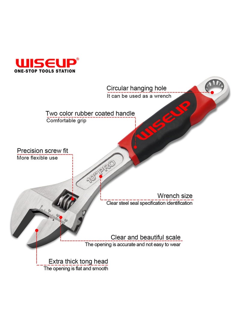 وايزأب مفتاح ربط احترافي قابل للتعديل من WISEUP مقاس 10 بوصات من Cr-V مجموعة مفاتيح يدوية صناعية مزورة بمقبض مضاد للانزلاق ومفتاح ربط صغير قابل للتعديل - Image 4