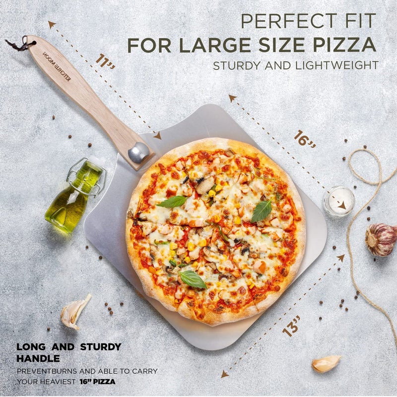 KITCHUS MOON Large Pizza Peel 16 inch - Extra Large Metal Pizza Peel with 14 inch Stainless Steel Pizza Cutter Rocker, Pizza Paddle with Folding Handle (Pizza Peel 13"x16" with 14" Cutter) - Image 3