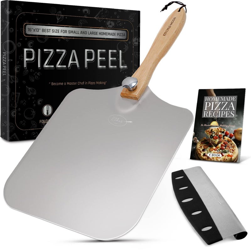 KITCHUS MOON Large Pizza Peel 16 inch - Extra Large Metal Pizza Peel with 14 inch Stainless Steel Pizza Cutter Rocker, Pizza Paddle with Folding Handle (Pizza Peel 13"x16" with 14" Cutter) - Image 2