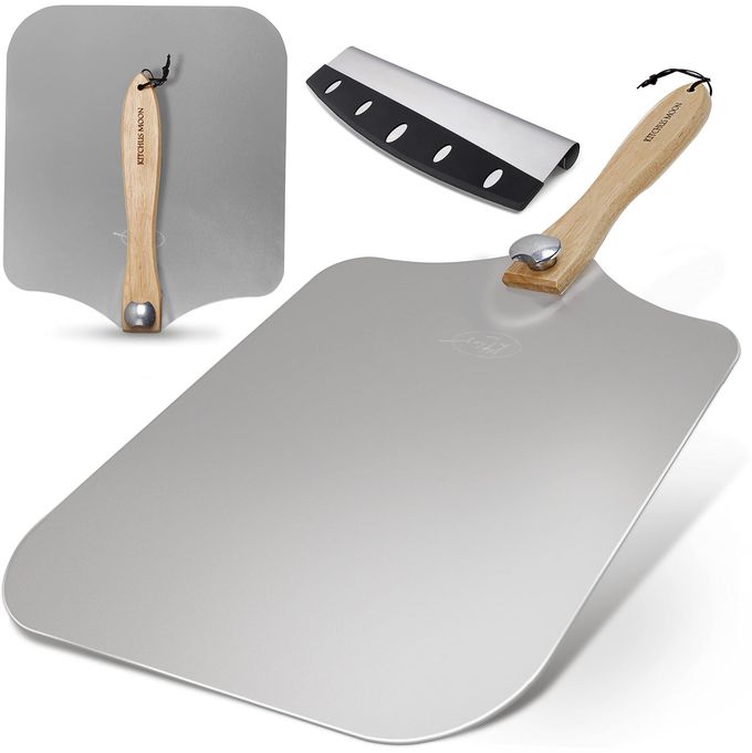 KITCHUS MOON Large Pizza Peel 16 inch - Extra Large Metal Pizza Peel with 14 inch Stainless Steel Pizza Cutter Rocker, Pizza Paddle with Folding Handle (Pizza Peel 13"x16" with 14" Cutter) - Image 1