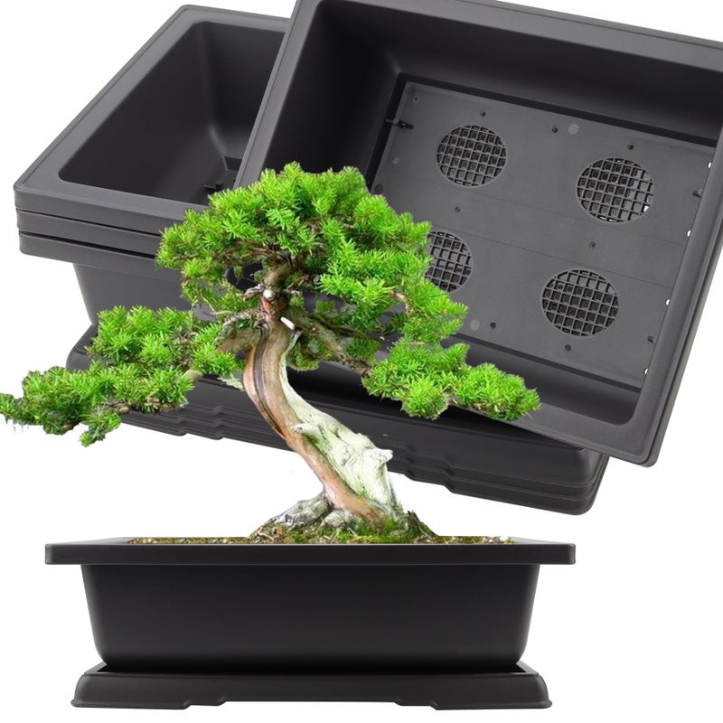 KINJOEK 3 PCS 14 Inch Plastic Bonsai Pots, Large Bonsai Training Pot with Drainage Trays, Rectangular Plant Bonsai Tree Pots for Garden, Indoor, Home Decorative - Image 1