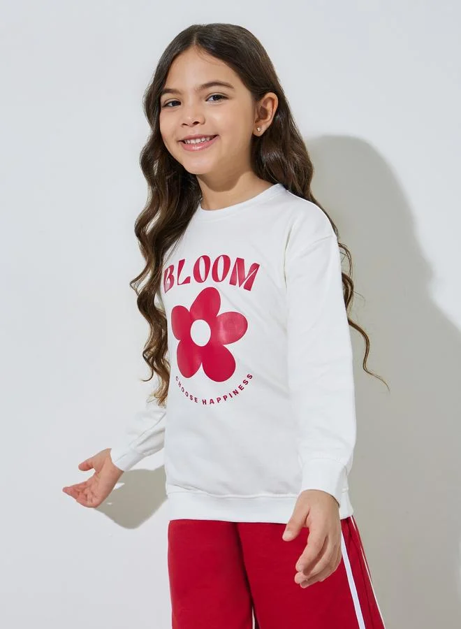 Styli Girls Off White Graphic Print Sweatshirt and Red Side Striped Joggers Set