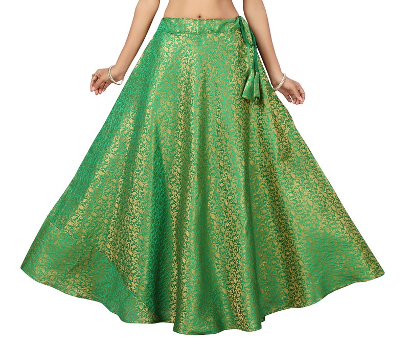 Studio Shringaar Women's Polyester Benaras Brocade Readymade Skirt Lehenga Ghagra(Free Size, Green, Maxi) - Image 1
