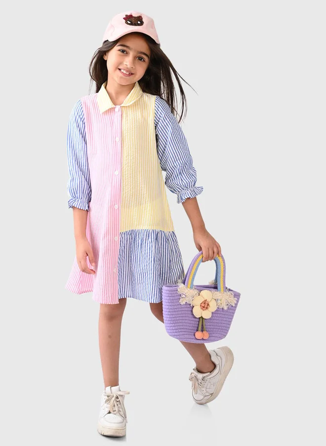 Bonkids BONKIDS Girls Multicoloured Striped Cotton Shirt Dress