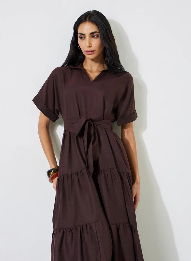 ستايلي Brown Tie-Up Detail Tiered Maxi Dress