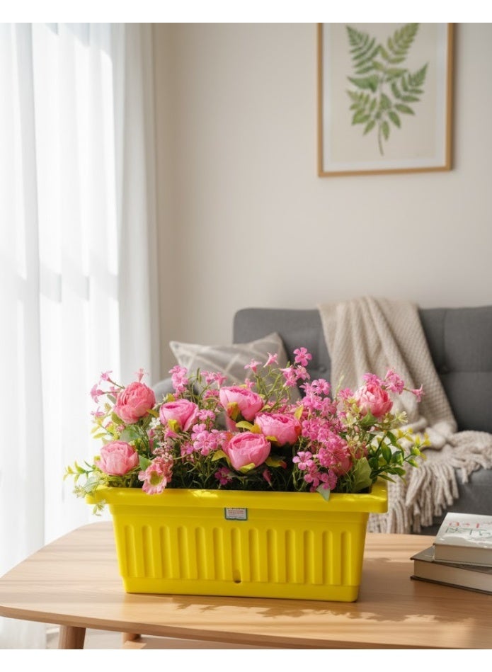 Artificial flower pot with a bouquet of roses and green leaves, a plastic pot for home decor, available in multiple colors.