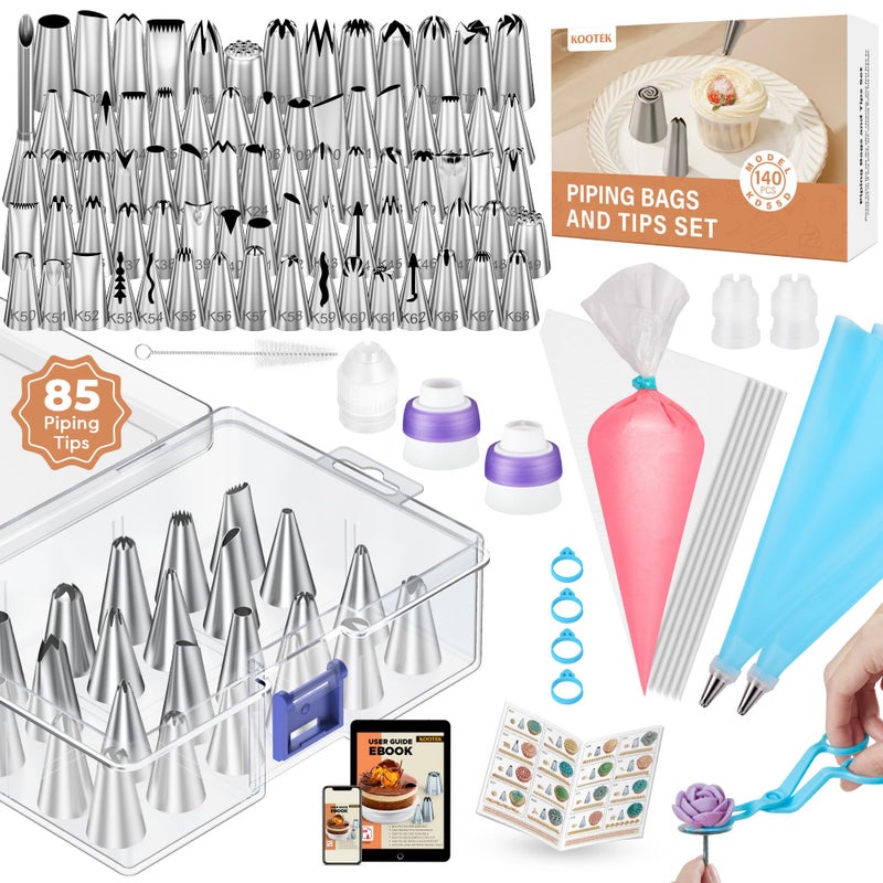 Kootek 140Pcs Icing Piping Bags and Tips Set Frosting Piping Kit with 78 Numbered Icing Tips 7 Russian Tip 42 Pastry Bags 12 Inch 5 Couplers 4 Bag Ties for Cake Decorating Cupcake Baking