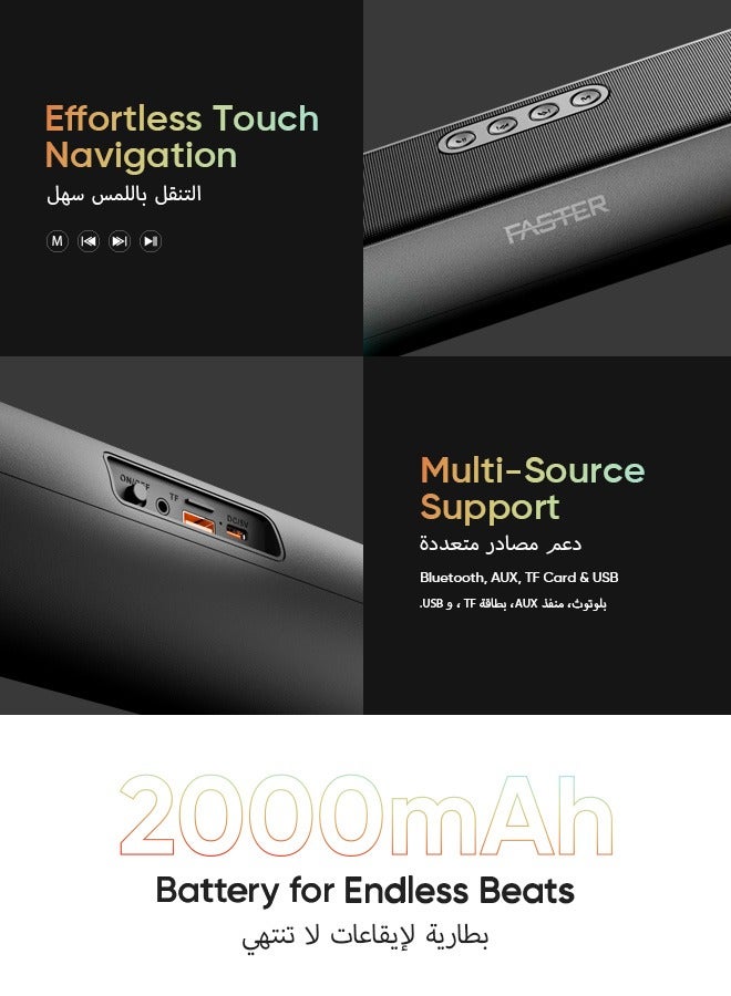 Faster RYZO Z16 Wireless Bluetooth Soundbar 16W - Portable Stereo Speaker with TWS, FM Radio, Bluetooth Call, USB, TF Card, AUX In - Deep Bass Home Theater Audio System for TV, PC, Laptop, Phone (Charcoal Grey) - Image 2