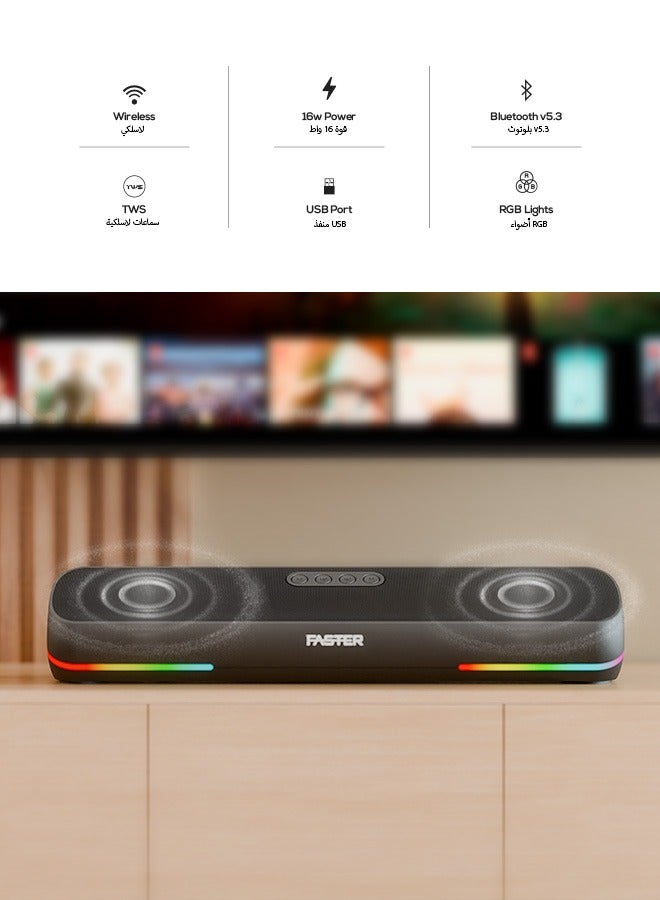 Faster RYZO Z16 Wireless Bluetooth Soundbar 16W - Portable Stereo Speaker with TWS, FM Radio, Bluetooth Call, USB, TF Card, AUX In - Deep Bass Home Theater Audio System for TV, PC, Laptop, Phone (Charcoal Grey) - Image 4