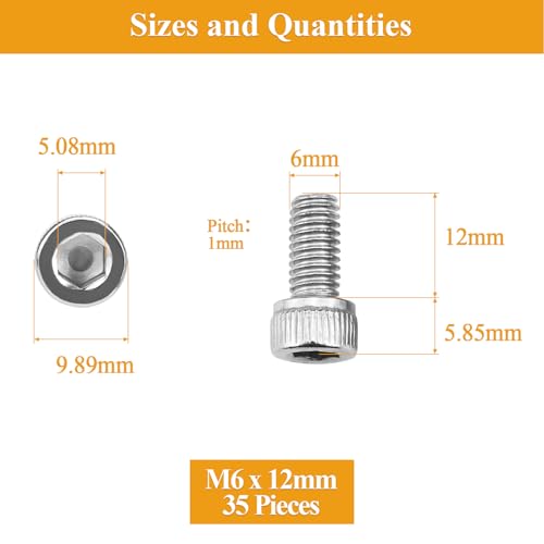 Sutemribor 35 Pieces M6 x 12mm Socket Head Cap Screws, Thread Pitch 1.0mm, Sutemribor M6 Screws, 304 Stainless Steel, Fully Threaded, Silver - Image 3