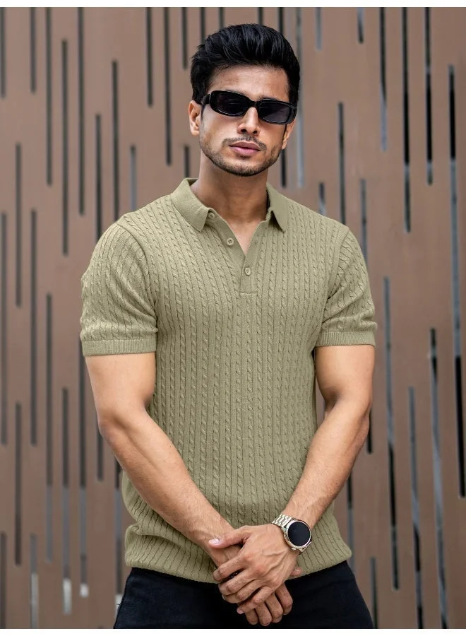 Maniac Maniac Mens Light Green Ripple Knit Polo T-Shirt