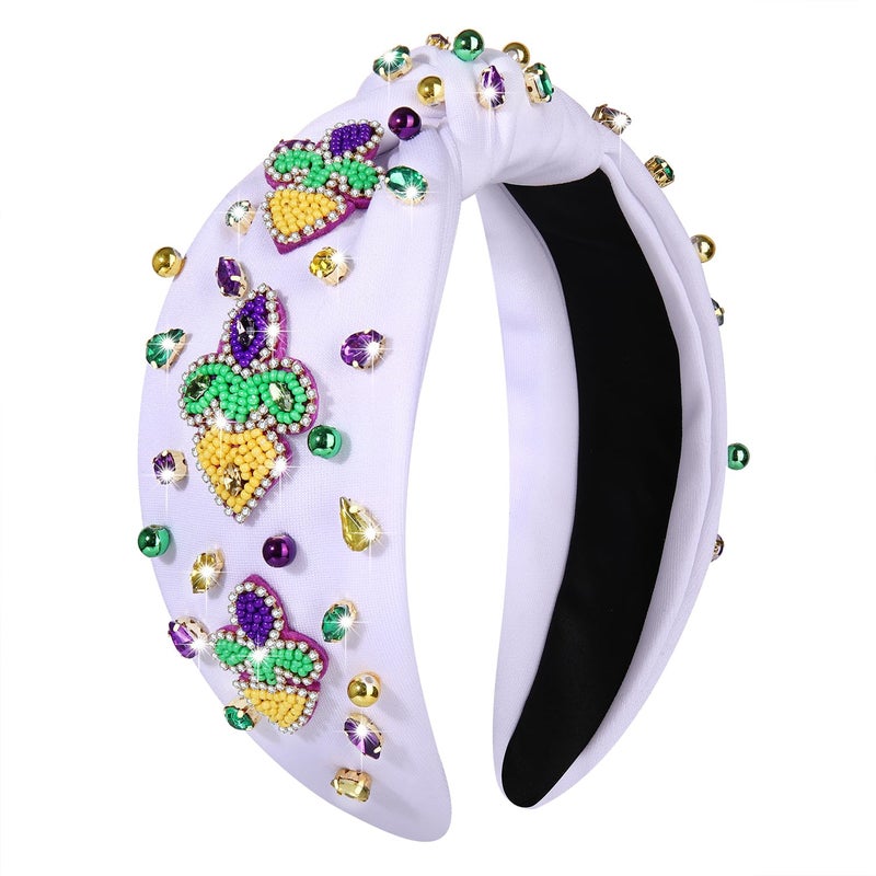 MOLOCH Mardi Gras Headband Carnival Hair Accessories for Women Beaded Fleur De Lis Knotted Headband Purple Green Gold Crystal Jeweled Headband Mardi Gras Parade Party Gifts