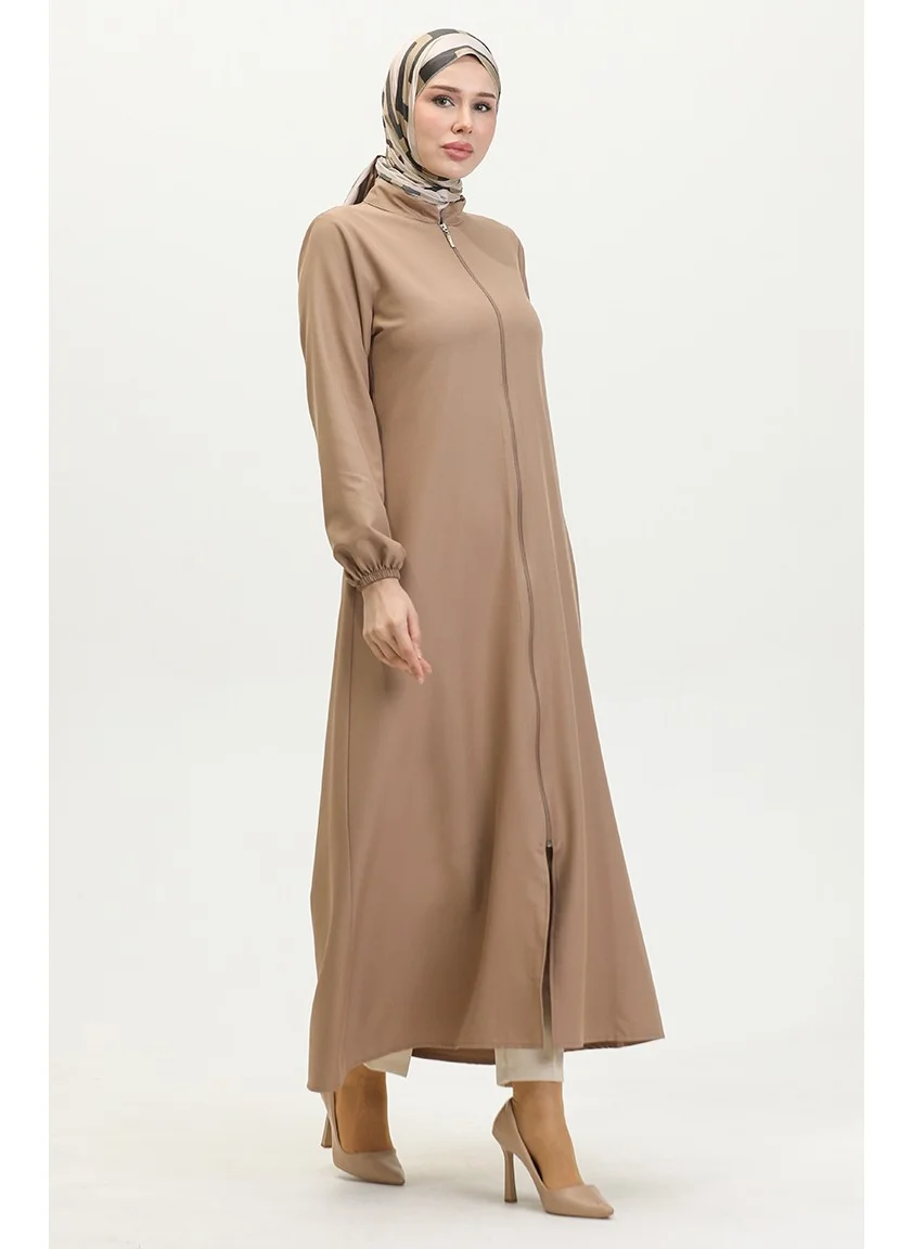 Sefa Merve Elasticated Sleeve Zippered Plain Abaya 1013-04 Beige