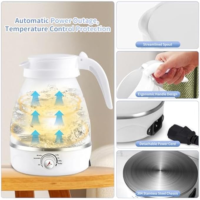 أوتشوانغ غلاية كهربائية قابلة للطي للسفر، سخان ماء سيليكون محمول من نوع الطعام 06 لتر غلاية ماء ساخن صغيرة قابلة للطي للقهوة، شاي 600 واط غليان سريع الغليان بالماء بنظام الإغلاق التلقائي، إبريق كهربائي أبيض كهربائي - Image 5