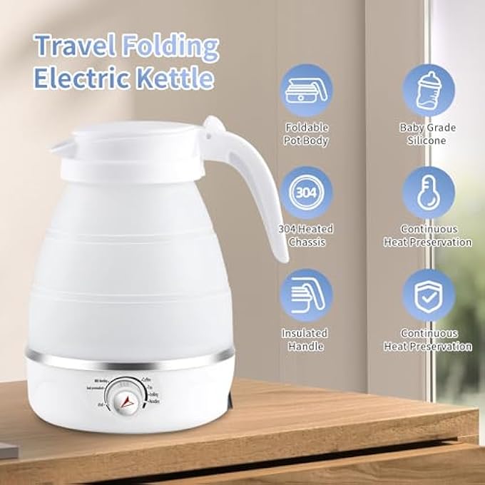 أوتشوانغ غلاية كهربائية قابلة للطي للسفر، سخان ماء سيليكون محمول من نوع الطعام 06 لتر غلاية ماء ساخن صغيرة قابلة للطي للقهوة، شاي 600 واط غليان سريع الغليان بالماء بنظام الإغلاق التلقائي، إبريق كهربائي أبيض كهربائي - Image 3