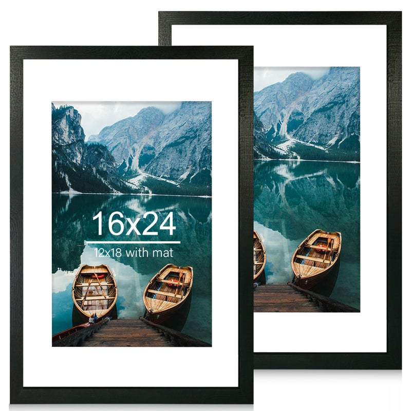 Hongkee 16x24 Frame Set of 2 Rustic Black Wood Style Display 16 x 24 Picture without Mat or 12x18 Picture with Mat Wall Mounting Horizontal and Vertical