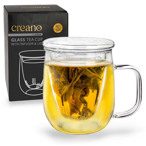 Creano Tea Glass 450 ml – Large Tea Cup with Strainer and Glass Lid – An ideal Tea Maker - Image 1