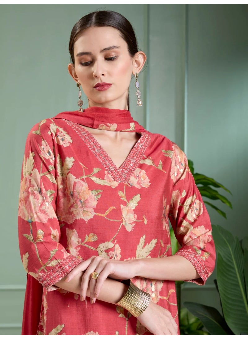 PRIYA’S PANACHE Red Floral Foil Printed Straight Kurta Set for Women with Pant and Dupatta – Indian Ethnic Wear, Festive Casual Kurti Set - Image 5