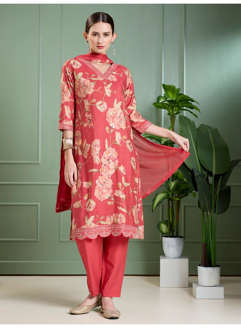 PRIYA’S PANACHE Red Floral Foil Printed Straight Kurta Set for Women with Pant and Dupatta – Indian Ethnic Wear, Festive Casual Kurti Set - Image 1