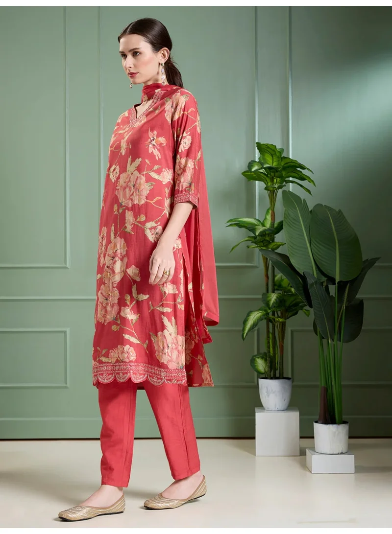 باناش برييا طقم كورتا مستقيم مطبوع بالورق الزهري باللون الأحمر للنساء مع بنطال ودوباتا – ملابس هندية تقليدية، طقم كورتا مناسب للمناسبات والارتداء اليومي