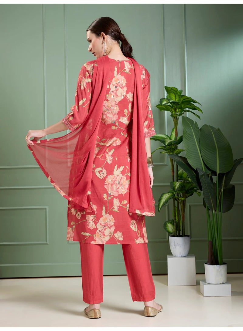 PRIYA’S PANACHE Red Floral Foil Printed Straight Kurta Set for Women with Pant and Dupatta – Indian Ethnic Wear, Festive Casual Kurti Set - Image 4