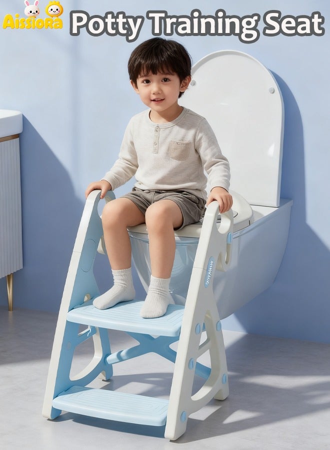 Aissiora Potty Training Seat, Kids Toilet Training Seat with Step Stool, Foldable Portable Potty Chair with Adjustable Height Ladder Guard Handle Soft Cushion White for Baby Toddler Boys Girls - Image 1
