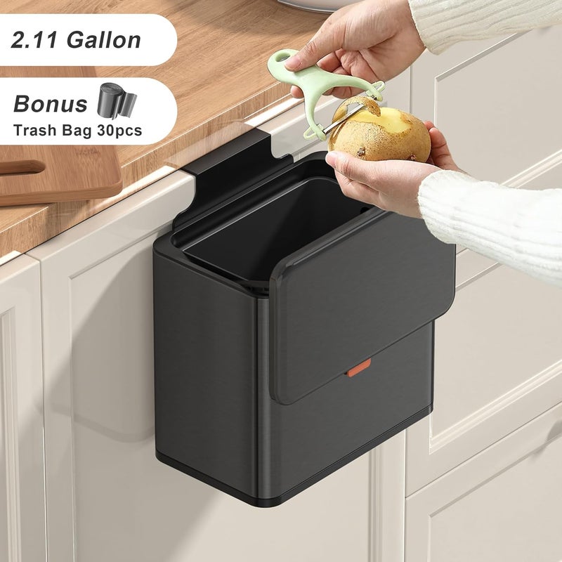 Mbillion Kitchen Compost Bin Hanging Trash Can with Lid 1.05 Gallon Stainless Steel Garbage Can for Kitchen Cabinet Door Mounted Trash Can Under Sink Door RV Bathroom,Brushed Black - Image 3