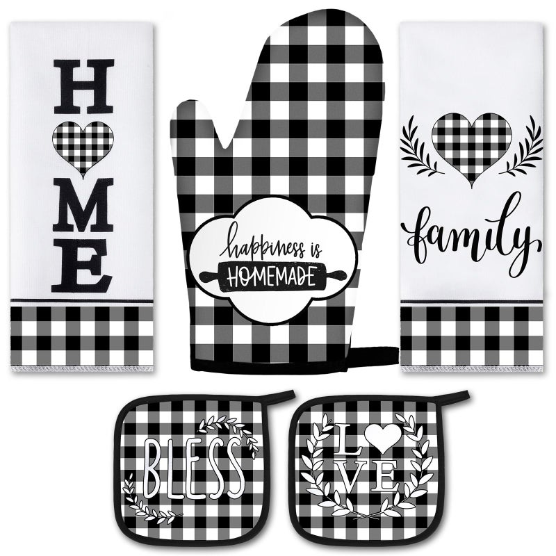 Rtteri 5 Pieces Buffalo Plaid Kitchen Towels Oven Mitts and Pot Holder Set Black and White Kitchen Towels Oven Gloves Hot Pads Pot Holders for Farm House Accessories DecorHeart 
